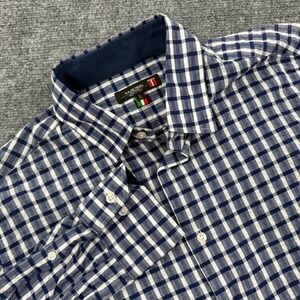 Tarcisio Button Up Shirt Large Navy Gingham Cotton Linen Long Sleeve Men's